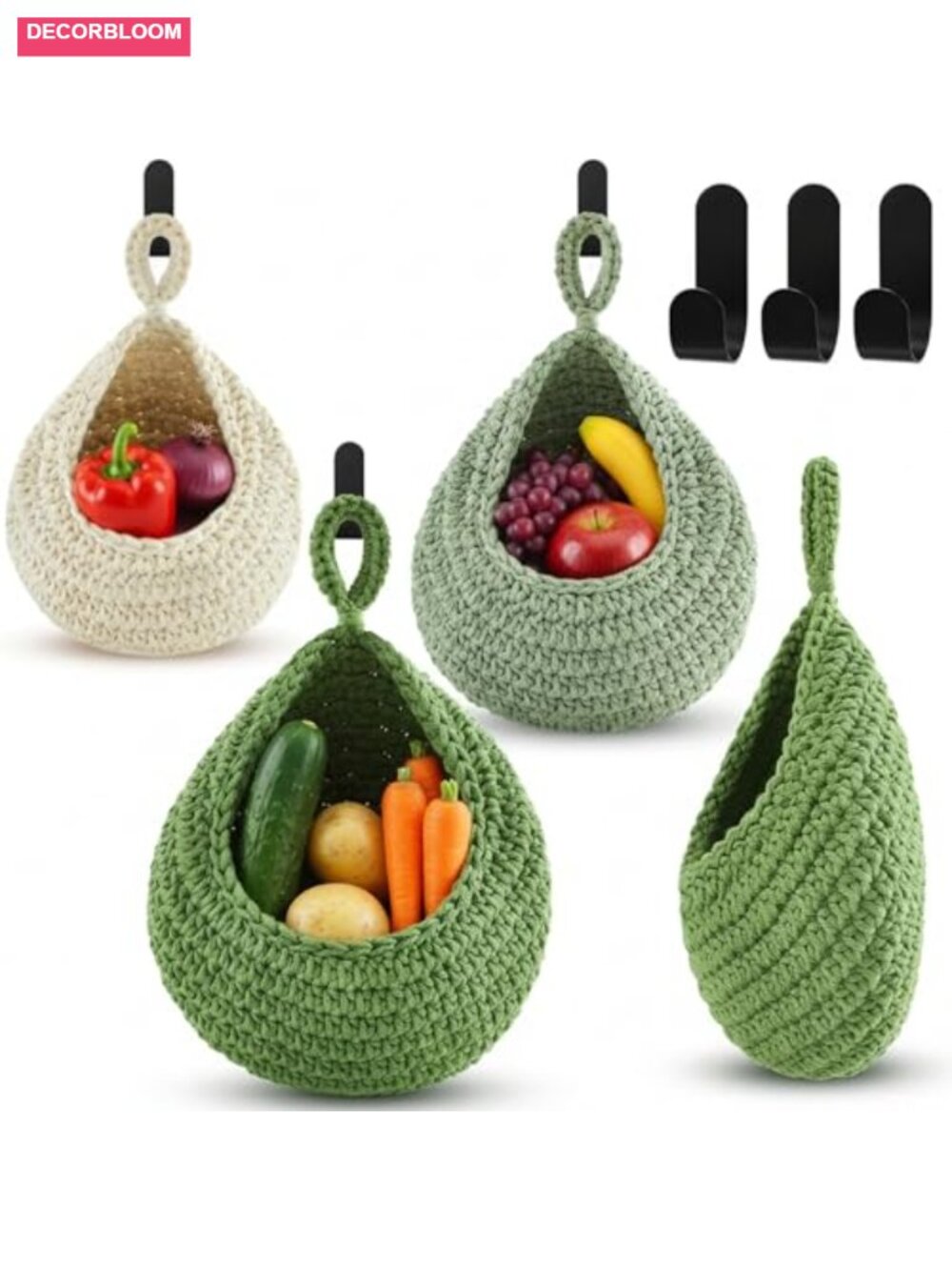 Jute Hand Woven Hanging Baskets Set 3 with Hooks Wall Storage Organizer